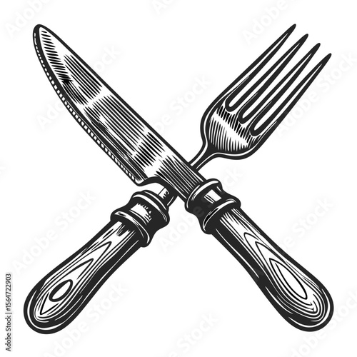 Elegant cutlery set with crossed fork and knife.  Hand-drawn engraving of vintage fork and knife with wooden handles.