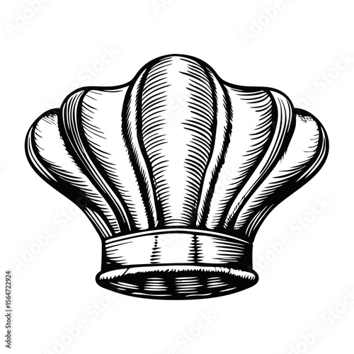 Hand-drawn chef hat icon. Detailed engraved chef hat illustration. Classic toque design for culinary branding. Perfect chef hat image for restaurant menu design or cookbook cover.