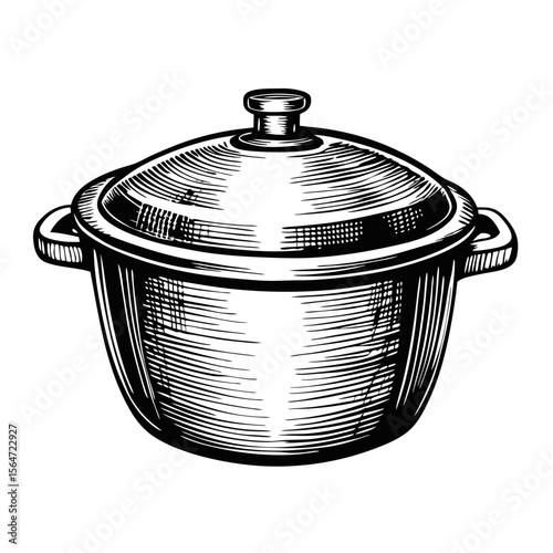 Cooking pot with lid, detailed hand-drawn engraving.  This cooking pot features a classic design, perfect for rustic kitchens and vintage-style recipes.  High-quality image ideal for cookbooks.