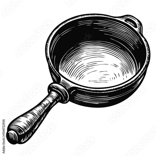 Hand-drawn frying pan icon illustration. Detailed skillet drawing with wooden handle.  This engraved frying pan image is perfect for cookbook design or vintage kitchen decor.