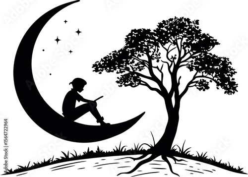  silhouette of a person sitting on a crescent moon