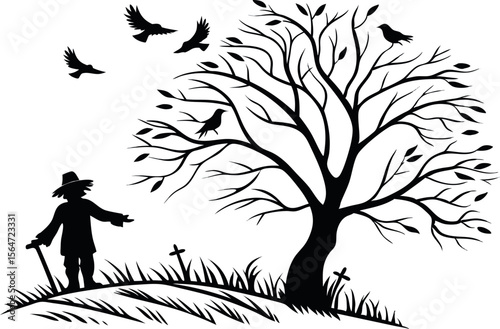 silhouette of a scarecrow under a tree