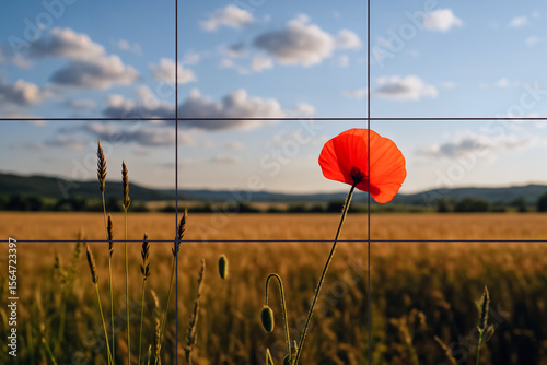 Single poppy framed in golden wheat field — rule of thirds application in rural summer light.