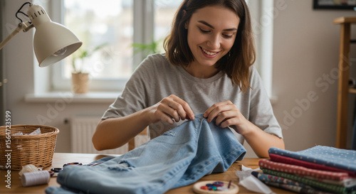 Young woman sewing denim fabric at home with sewing kit and smile  
