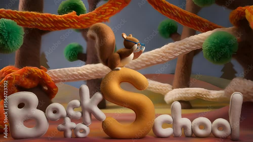 Squirrel celebrates Back to School atop alphabet blocks in a crafted forest. Playful stop-motion animation for education, children's content, seasonal marketing and academic promos.