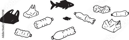 Ocean pollution concept featuring fish swimming near plastic bottles and bags, an ecological disaster illustration on transparent background.