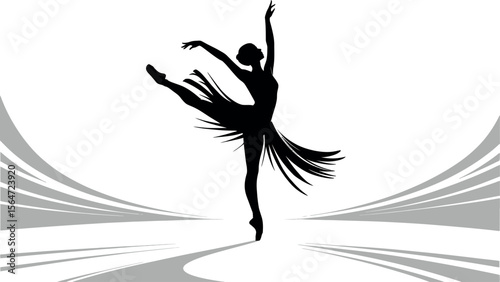 Elegant ballerina performing a graceful dance pose with flowing skirt and artistic background silhouette