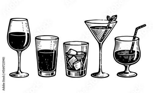 Alcoholic drinks vector engraving style illustration