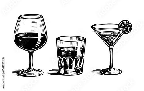 Alcoholic drinks vector engraving style illustration