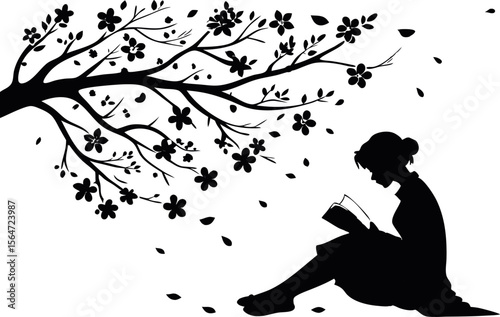  silhouette of a woman reading under falling cherry 