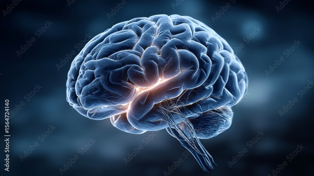 Fototapeta premium Human Brain Anatomy: Detailed 3D Render of Neurological System, Cognitive Functions and Neural Pathways