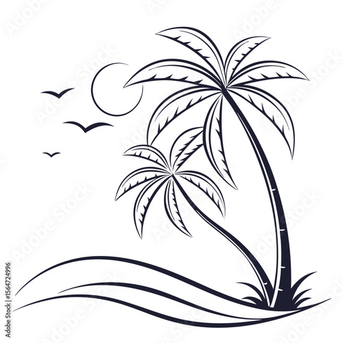 Sleek thin line palm tree icon, delicate fronds, a modern tropical design.