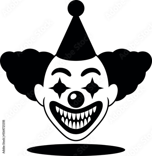 Scary clown face with big teeth and star eyes silhouette