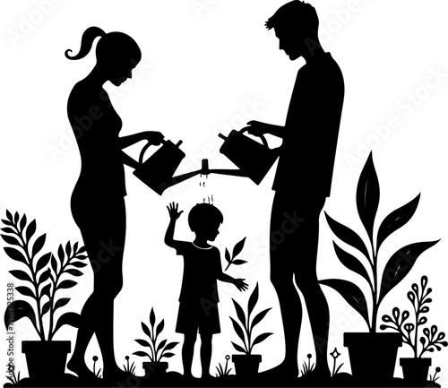 People and Children Planting Trees Silhouettes vector graphics bundle