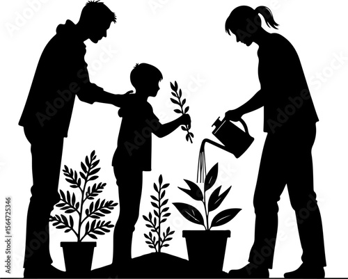 People and Children Planting Trees Silhouettes vector graphics bundle