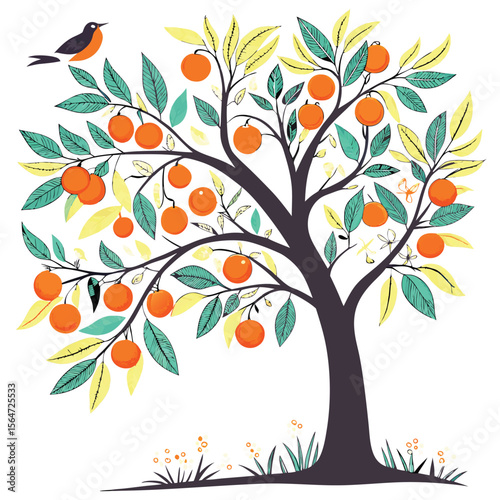 Vibrant orange tree icon, laden with bright ripe fruits, fresh green leaves and simple style.