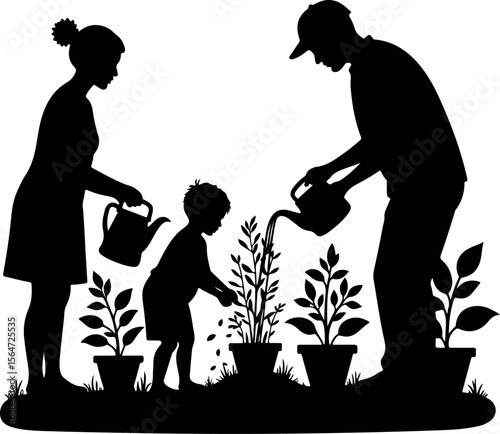 People and Children Planting Trees Silhouettes vector graphics bundle