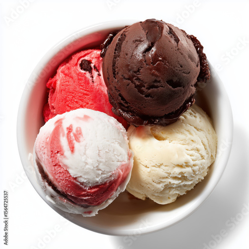 Three scoops of delicious ice cream in a bowl , PNG isolated cut out image