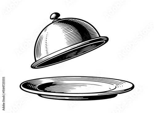 Hand holding silver cloche vector engraving style illustration