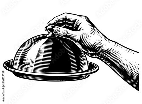 Hand holding silver cloche vector engraving style illustration
