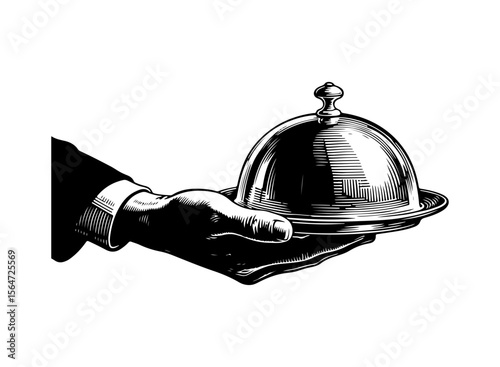 Hand holding silver cloche vector engraving style illustration