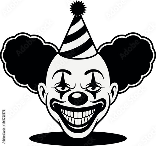 Creepy clown face with party hat silhouette and wide grinning mouth