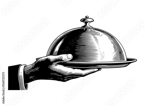 Hand holding silver cloche vector engraving style illustration
