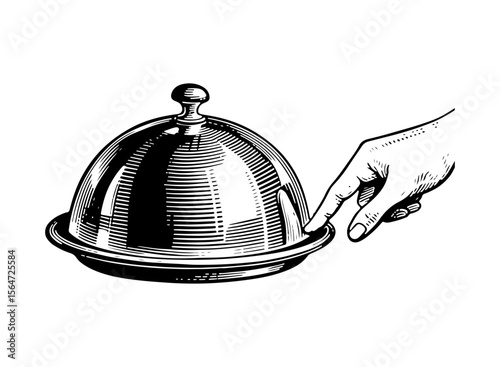 Hand holding silver cloche vector engraving style illustration