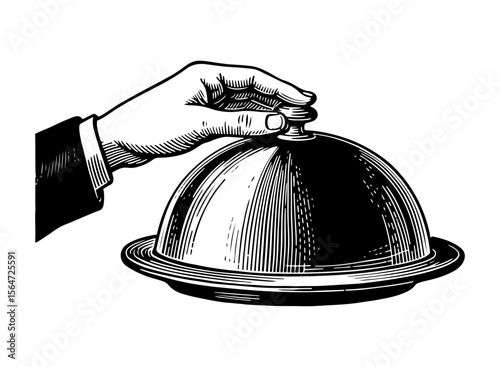 Hand holding silver cloche vector engraving style illustration