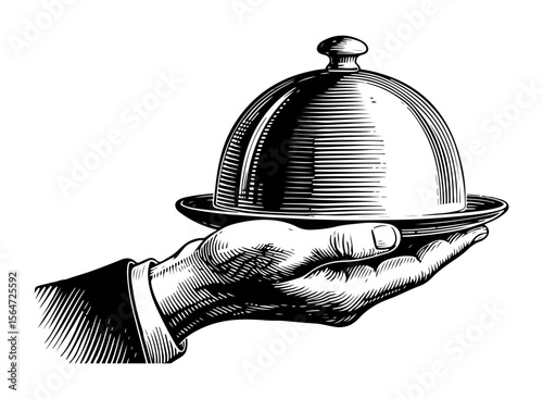 Hand holding silver cloche vector engraving style illustration