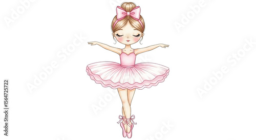 A cute cartoon ballerina with a pink tutu and bow gracefully poses in dance position, illustration