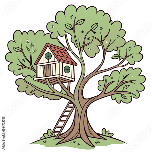 Whimsical treehouse icon, small wooden house nestled in green leaves, simple childhood design.