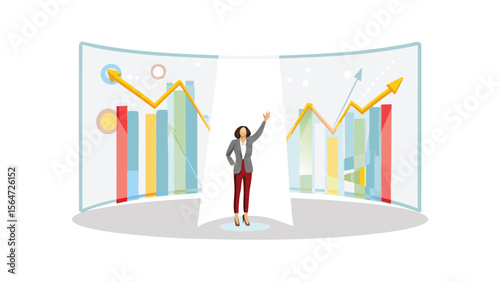 Woman presenting financial growth charts with upward trending arrows and colorful bar graphs displayed on screens