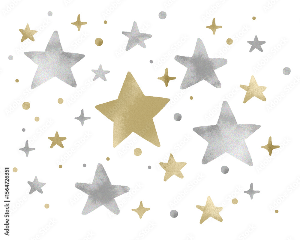 Obraz premium Twinkling gold and silver stars.ゴールドとシルバーの星のワンポイント