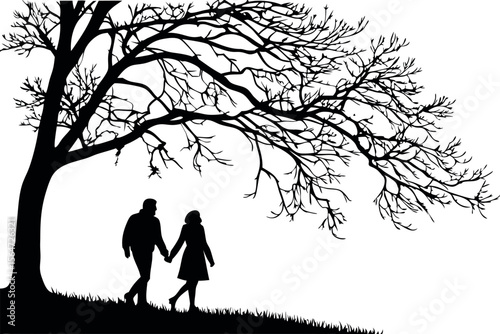 silhouette of a couple holding hands under a tree 