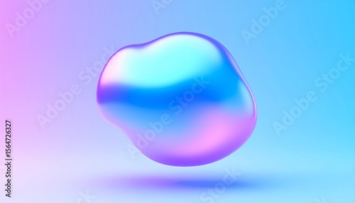 A smooth, iridescent, abstract blob floats against a soft gradient blue and purple background, evoking a futuristic and ethereal vibe.