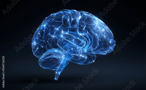 Digital Brain Network: Abstract Neural Connections Illuminated in Dark Blue, Conceptual Artwork
