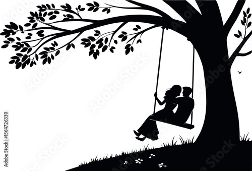 silhouette of a couple sitting on a swing tied