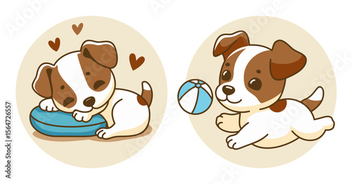 Jack russell terrier puppy in different poses,  cute dog illustration, sticker