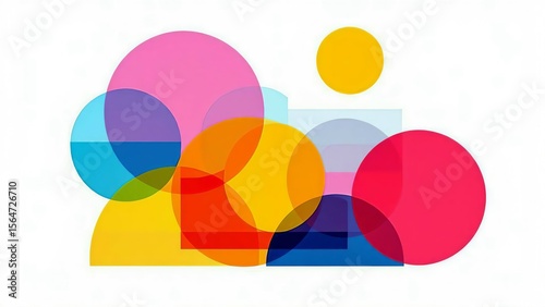 Abstract geometric composition with overlapping colorful circles and squares isolated on white background