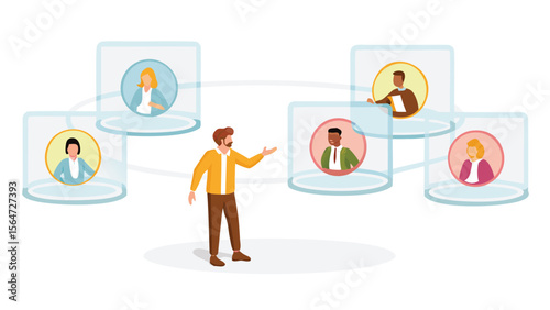 Man presenting to people in transparent containers connected by a network of lines online meeting