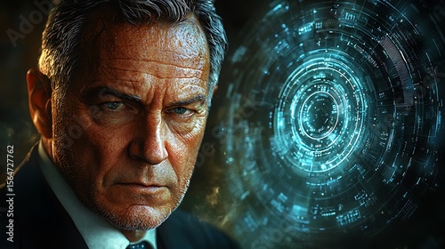 Determined man amid digital vortex