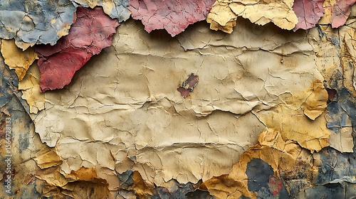 Crumbling paint layers revealing aged wall