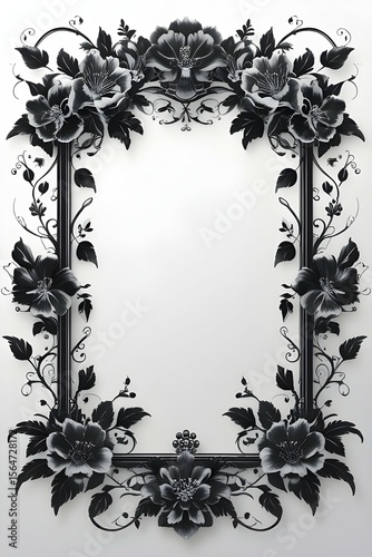 AI Generative. Elegant Black and White Floral Frame with Swirls and Borders. 6