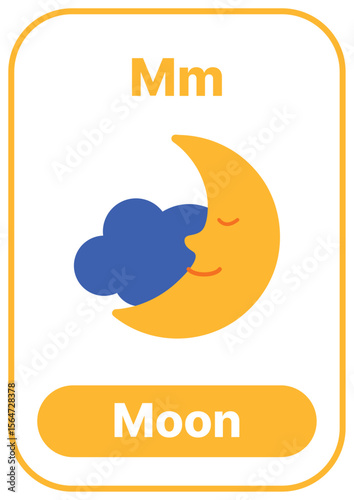 Colorful alphabet flashcard with cute illustrations. Perfect for phonics, preschool, kindergarten, school lessons, ESL education, worksheets, posters, and learning apps.