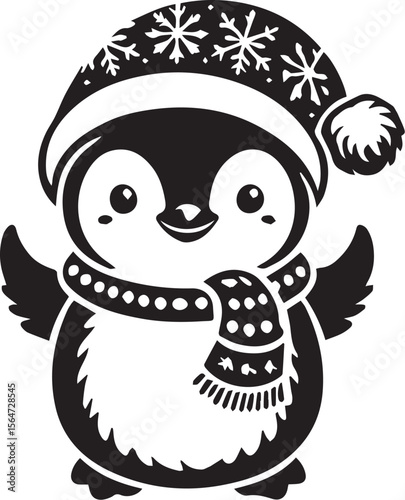 Adorable Winter Penguin in Hat and Scarf - Black and White Illustration
