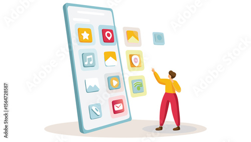 Person interacting with a large smartphone interface displaying various app icons and floating apps