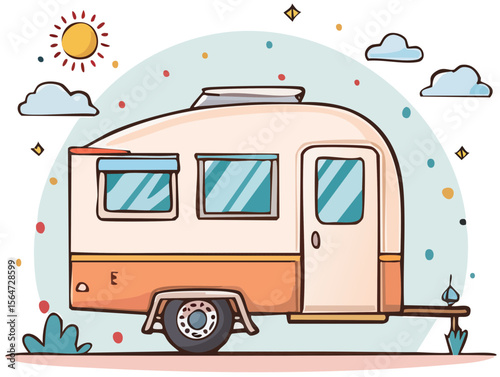 Retro Travel Trailer Cartoon with Awning
