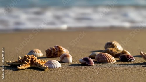 Seashells and Starfish on Sandy Beach with Ocean Waves in the Background