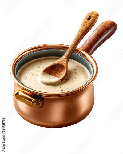 Copper saucepan with wooden spoon filled with creamy soup isolated on transparent background